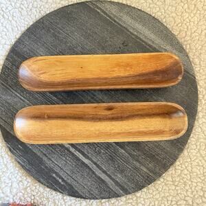 (2) Hand Crafted Acacia Wood Serving Platter Dish Beekman Home 12”x2.5” Set Of 2